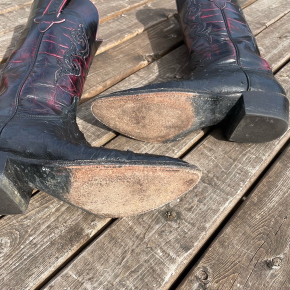 Ladies Lucchese boots. Black full-quill ostrich w/black cherry tops. 7 1/2 B. - Picture 5 of 7